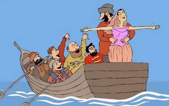 Создать мем: стенька разин карикатура, бабы, крутая карикатура персонажа в лодке