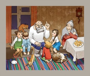 Create meme: tales illustrations, grandma grandpa and the grandkids, Russian folk tales