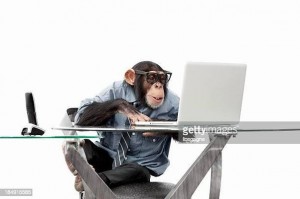 Create meme: the monkey behind the computer, chimpanzees, a monkey with a computer