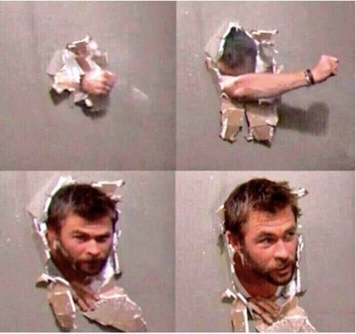 Create meme: You're a meme man from the wall, Hemsworth breaks the wall meme, Chris Hemsworth's meme breaks through the wall