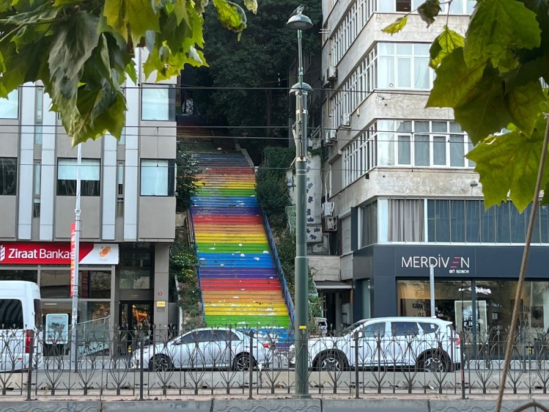 Create meme: rainbow , the city , colored staircase