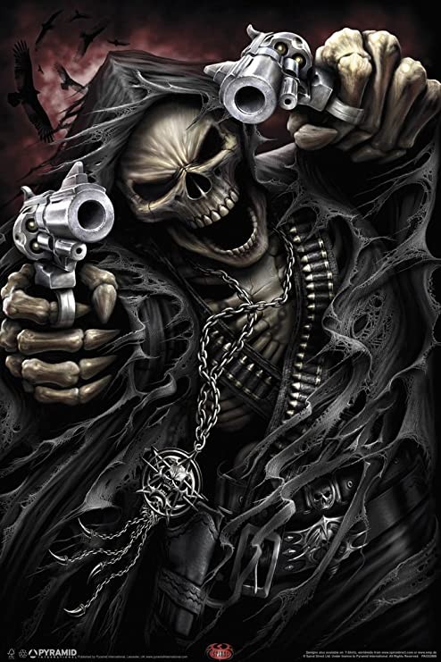 Создать мем: череп с пистолетами, крутой скелет, скелет с пистолетом