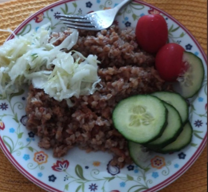 Create meme: items on the table, buckwheat with stew, meals 