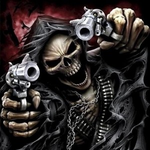 Create meme: skull with guns, skeleton with a gun, skeleton with a gun