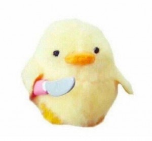 Create meme: duck with a knife meme, soft toy, plush chick with a knife