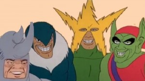 Создать мем: me and the boys носорог, зловещая шестерка мем, злодеи человека паука