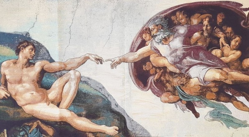 Создать мем: микеланджело сотворение адама репродукция, картина микеланджело сотворение адама, сотворение адама