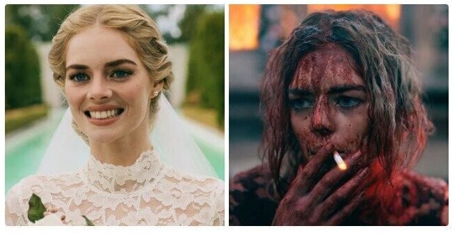 Create meme: 2020 expectation reality, Samara Weaving the bride, girl 