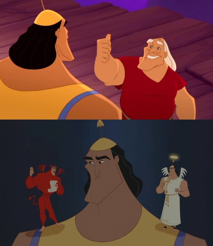 Create meme: the adventures of the Emperor, an angel and a devil on their shoulders, emperor s new groove