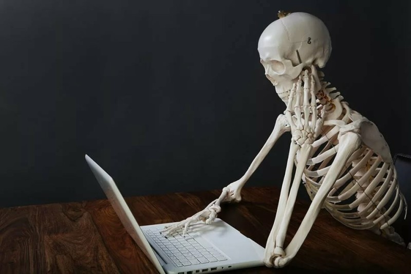 Create meme: the human skeleton, the skeleton behind the computer, waiting skeleton