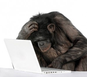 Создать мем: шимпанзе, обезьяна с компьютером, обезьяна за компьютером