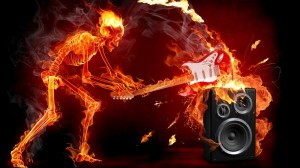Create meme: fiery rock guitar, fiery skeleton with a guitar, rock guitar skeleton on fire
