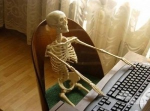 Create meme: skeleton sitting, waiting skeleton, skeleton at the computer