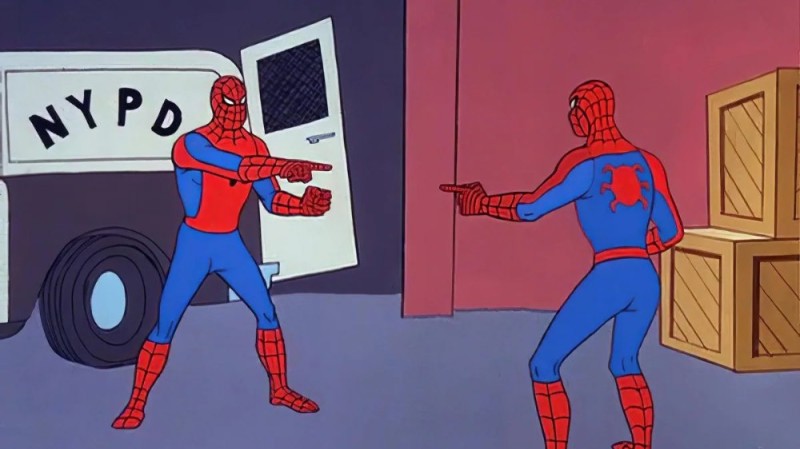 Создать мем: мем с человеком пауком показывающим, мем 2 человека паука, человек паук и человек паук мем