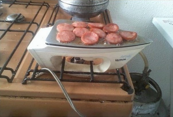 Create meme: necessity is the mother of invention , we cook delicious, sausages in the kettle