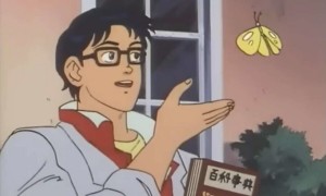 Create meme: anime meme bespectacled and butterfly original, Anime, this pigeon meme anime
