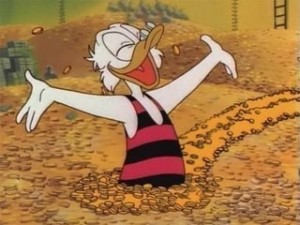 Create meme: Scrooge McDuck dives into money, Scrooge jumps, Scrooge in gold