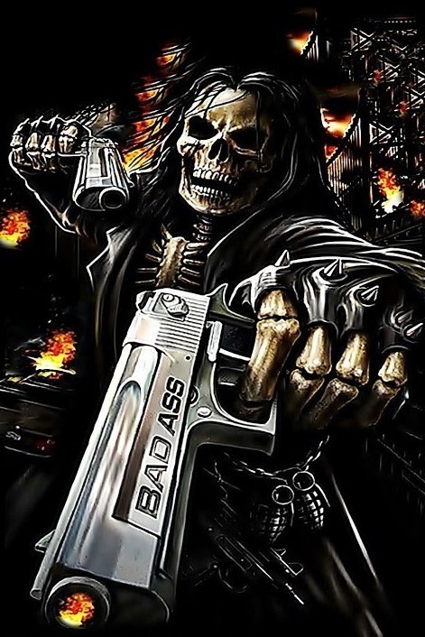 Create meme: cool skeleton with a gun, skull with pistols, skeleton with a gun