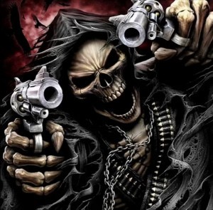 Create meme: skull with guns, cool skeleton, skeleton with a gun
