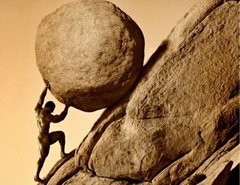 Create meme: A man drags a stone up a mountain, Sisyphus drags a stone, Sisyphus