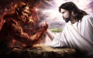 Создать мем: бог против дьявола, иисус против дьявола, сатана и бог