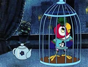 Create meme: freedom for parrots cartoon, Kesha parrot cartoon, parrot Kesha in a cage
