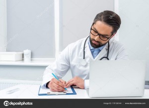 Create meme: doctor man with glasses, tired the doctor fills the paper, doctor computer