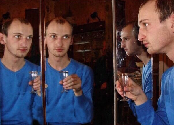 Create meme: a meme with a mirror, photos of friends, A man drinks with a reflection of a meme