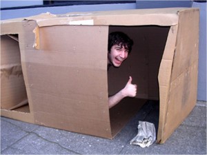 Create meme: people, box from under the refrigerator, cardboard house homeless
