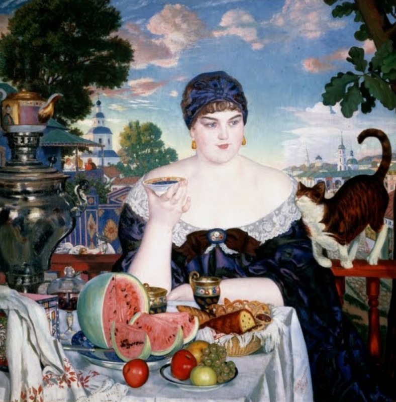 Create meme: boris mikhailovich kustodiev merchant's wife at tea, boris kustodiev merchant's wife at tea, boris mikhailovich kustodiev