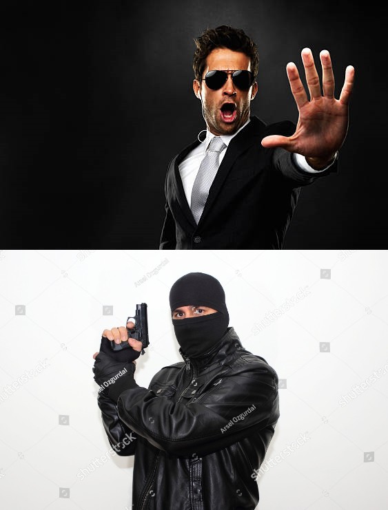 Создать мем: в маске с пистолетом, грабитель с поднятыми руками, robber shoot