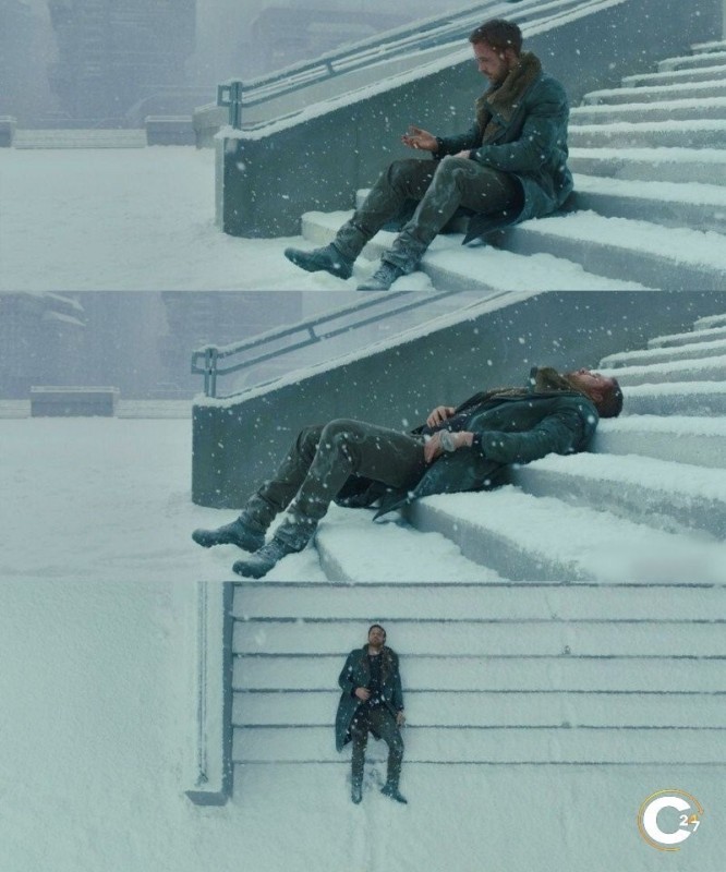 Create meme: Ryan Gosling lies in the snow, ryan gosling blade runner, blade runner 2049 gosling in the snow