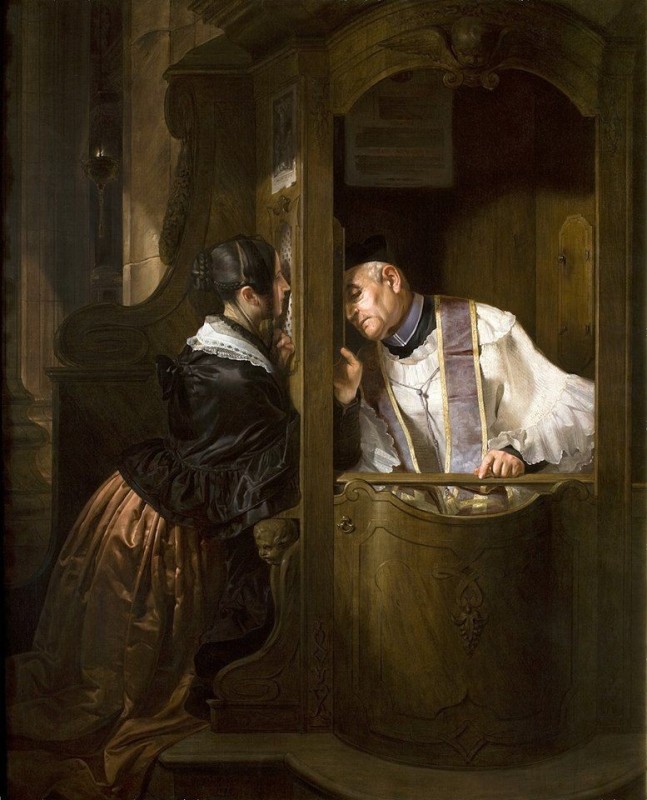 Create meme: the confession painting, Holy Father, I have sinned., Giuseppe Molteni. confession. 1838