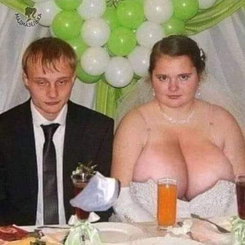 Create meme: rustic wedding, a joke about the wedding, the bride's breasts are visible