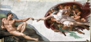 Создать мем: микеланджело буонарроти сотворение адама 1511, сотворение адама, микеланджело сотворение адама