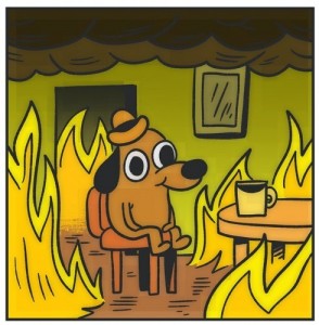 Create meme: meme dog on fire fine, yellow dog in a burning house decorator, this is fine