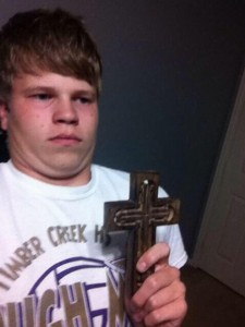 Create meme: Begone, the kid with a cross, meme Begone with cross