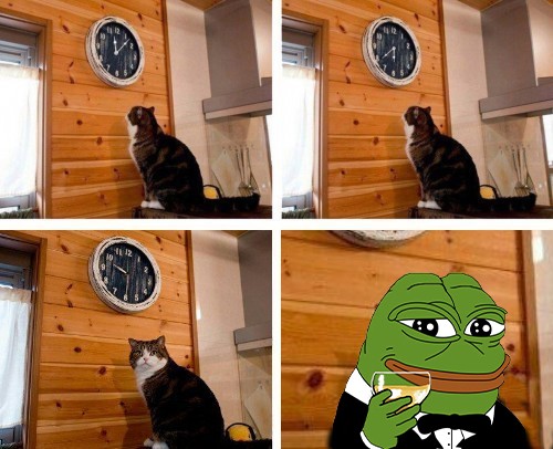Create meme: cat meme , cat time, meme with a cat and a clock