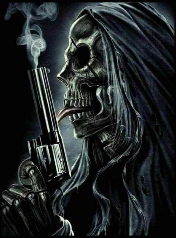 Create meme: dark arts, skeleton with a gun, skull with pistols