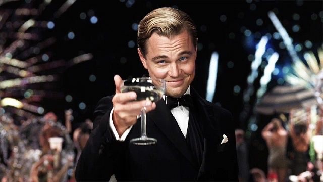 Create meme: the great Gatsby Leonardo DiCaprio with a glass of, DiCaprio with a glass of, Leonardo DiCaprio raises a glass