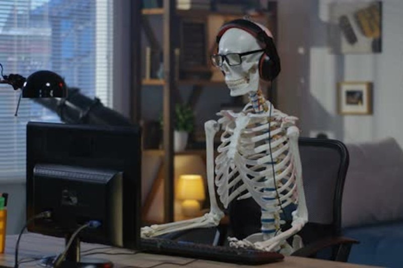 Create meme: skeleton , gul dedinside, the skeleton behind the computer