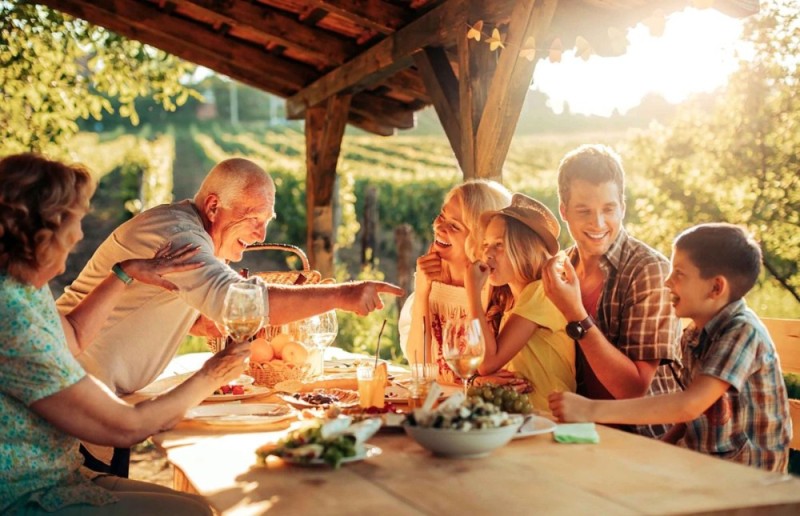 Create meme: family at the table, picnic with family in nature, family at the table in nature
