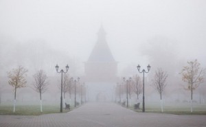 Create meme: temple road fog, city in the fog painting, fog