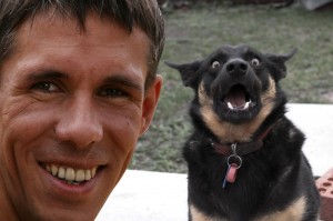 Create meme: a dog in shock, Panin and the dog, Alexey Panin with a dog