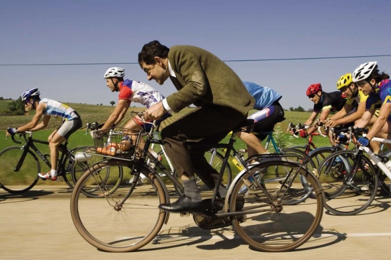 Create meme: Mr. Bean on Vacation movie 2007, Mr. Bean on a bicycle, Comedy 