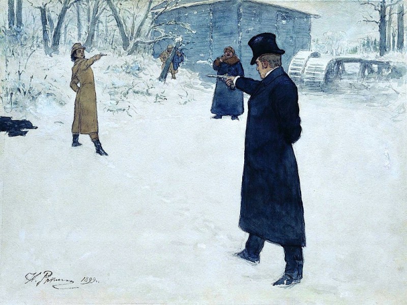 Create meme: eugene onegin duel, ilya yefimovich repin duel of onegin and Lensky, pushkin's duel painting