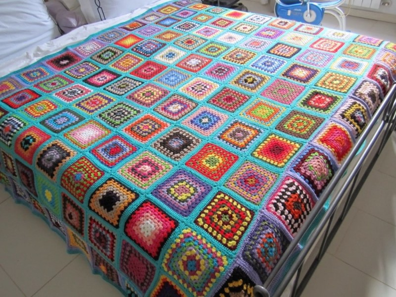 Create meme: bedspread made of knitted squares, a blanket made of grandmother's squares, large crochet plaid