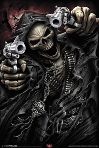 Создать мем: скелет с пистолетом, grim reaper перевод, череп с оружием