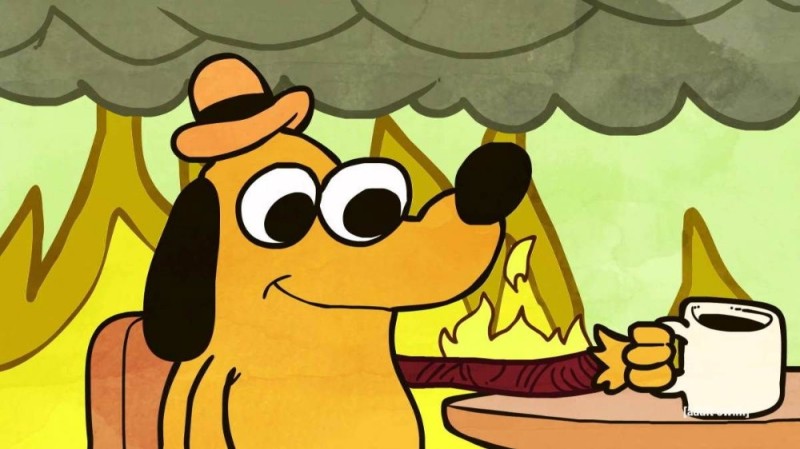 Create meme: meme dog in a burning house, The dog is sitting in a burning house, a dog is sitting in a burning house