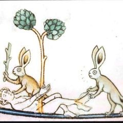 Create meme: medieval rabbits ebni him with a stick, the icon of the middle ages hare, illustration